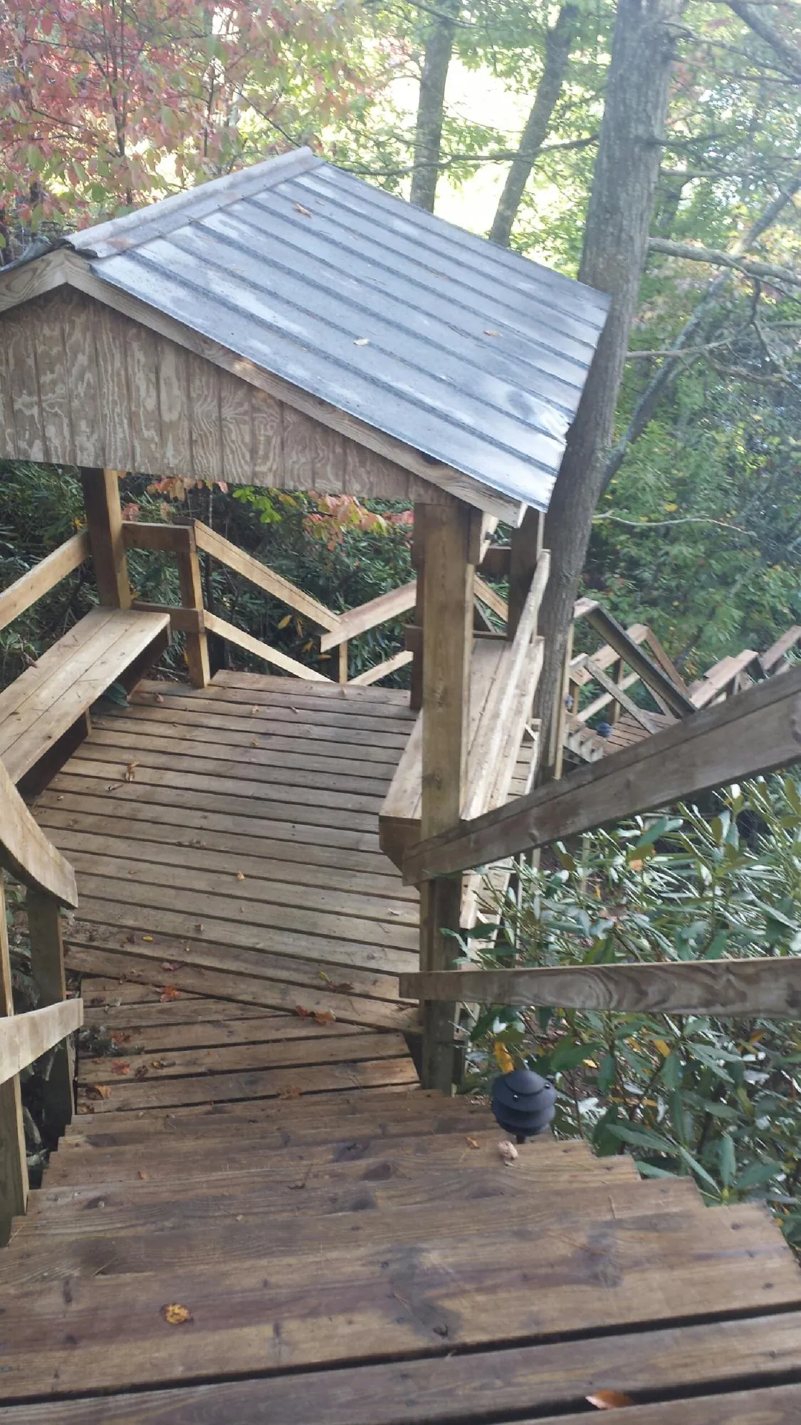 Metal roofed shelter over wooden steps on a wooded walkway — Skylight Repair & Installation work by our crew in Stanford